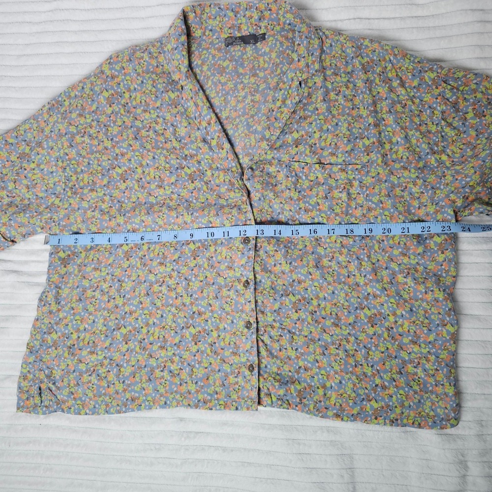 Prana Iguala Womens XL Button Down Shirt Gray Floral Print Short Sleeve Collared - Picture 6 of 10